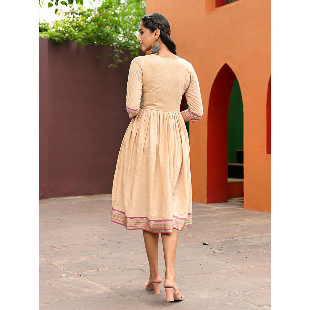 Vinya Beige Cotton Fit and Flare Dress