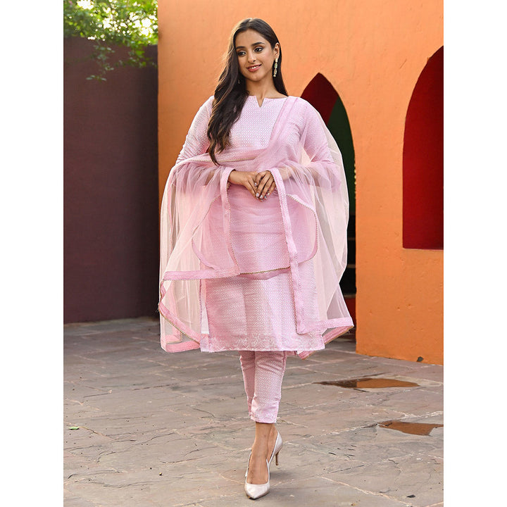 Vinya Pink Banarasi Jacquard Kurta with Dupatta (Set of 3)