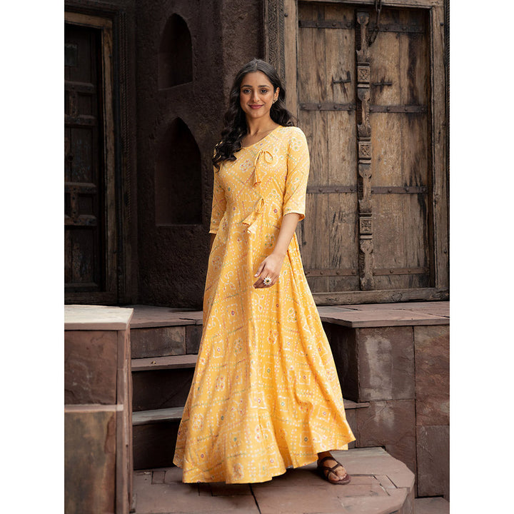 Vinya Yellow Bandini Print Fit & Flare Maxi Dress