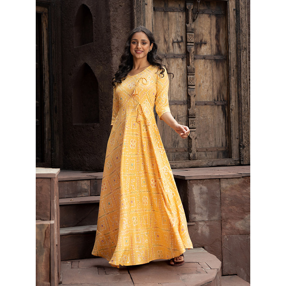 Vinya Yellow Bandini Print Fit & Flare Maxi Dress