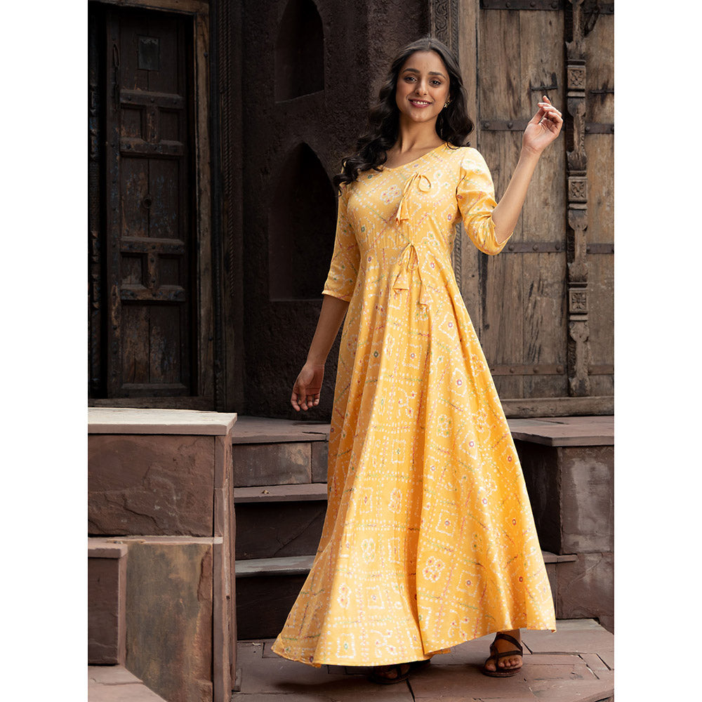 Vinya Yellow Bandini Print Fit & Flare Maxi Dress