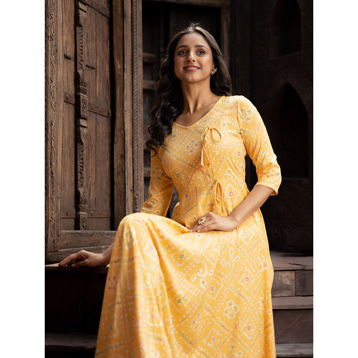 Vinya Yellow Bandini Print Fit & Flare Maxi Dress