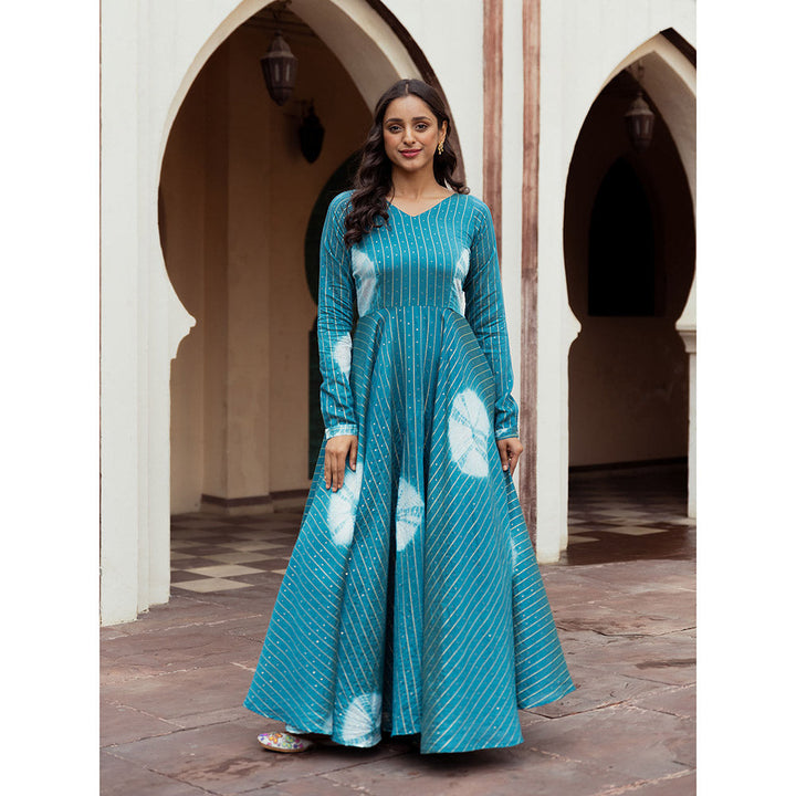 Vinya Teal Muslin Tie & Dye Fit & Flare Dress