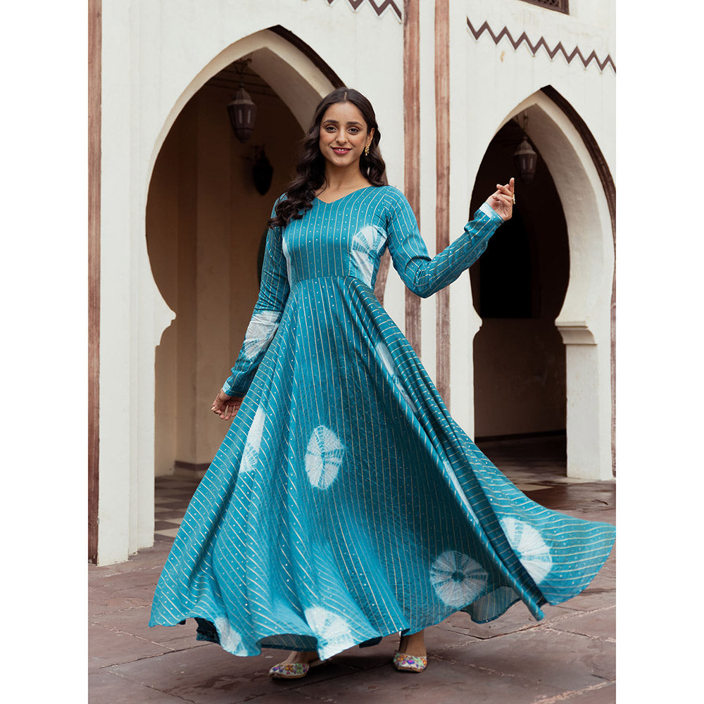 Vinya Teal Muslin Tie & Dye Fit & Flare Dress