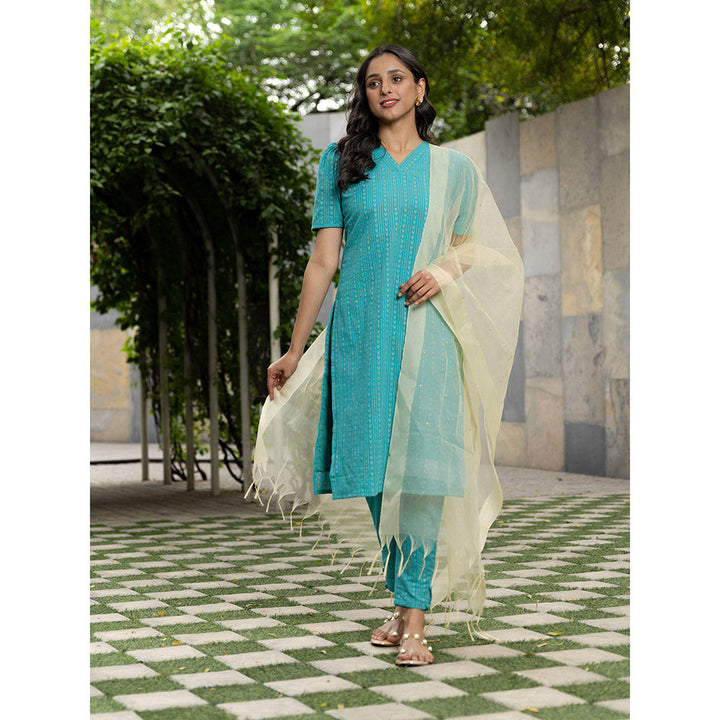 Vinya Anika Turquoise Cotton Kurta with Pants & Organza Dupatta (Set of 3)