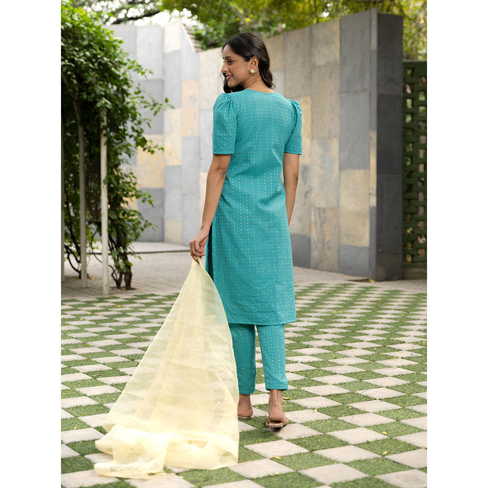 Vinya Anika Turquoise Cotton Kurta with Pants & Organza Dupatta (Set of 3)