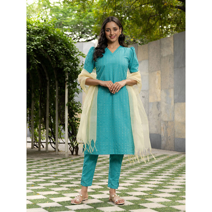 Vinya Anika Turquoise Cotton Kurta with Pants & Organza Dupatta (Set of 3)