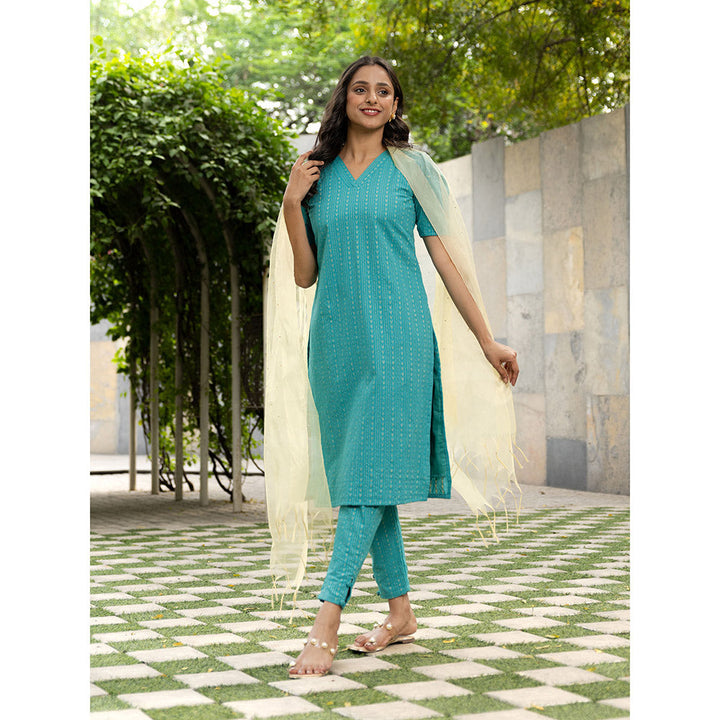 Vinya Anika Turquoise Cotton Kurta with Pants & Organza Dupatta (Set of 3)