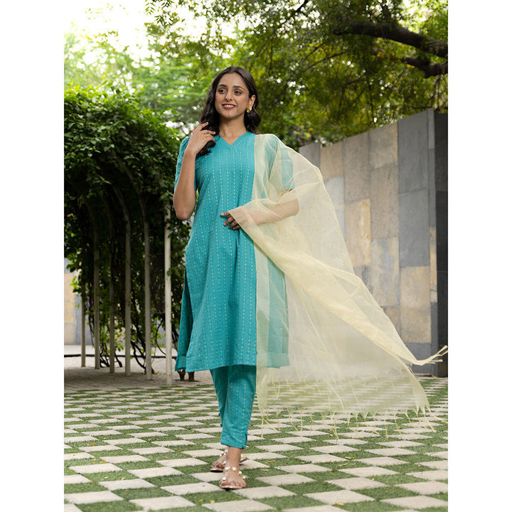 Vinya Anika Turquoise Cotton Kurta with Pants & Organza Dupatta (Set of 3)