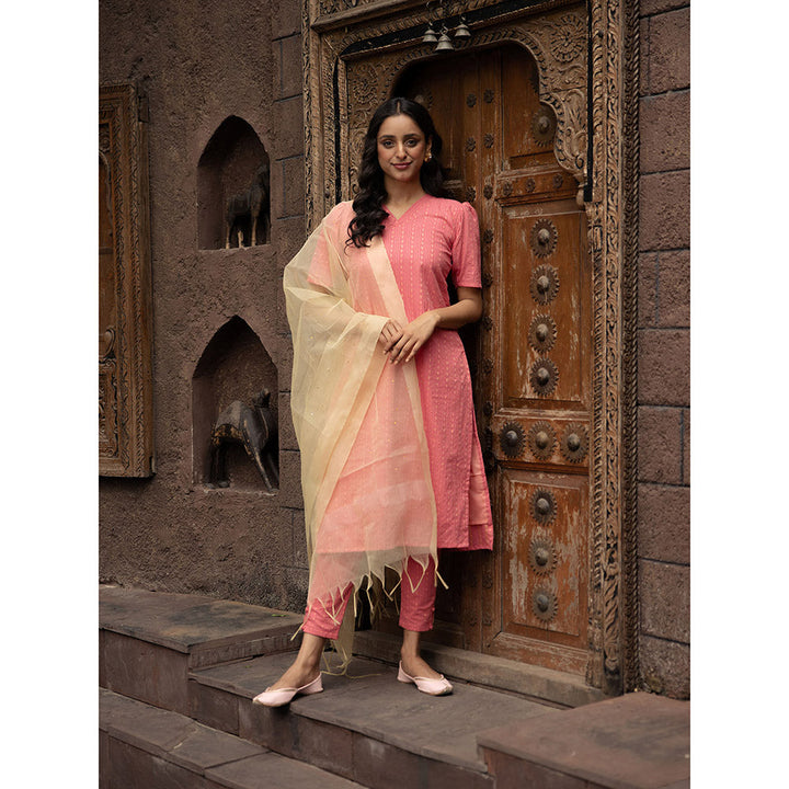 Vinya Anika Pink Cotton Kurta with Pants & Organza Dupatta (Set of 3)