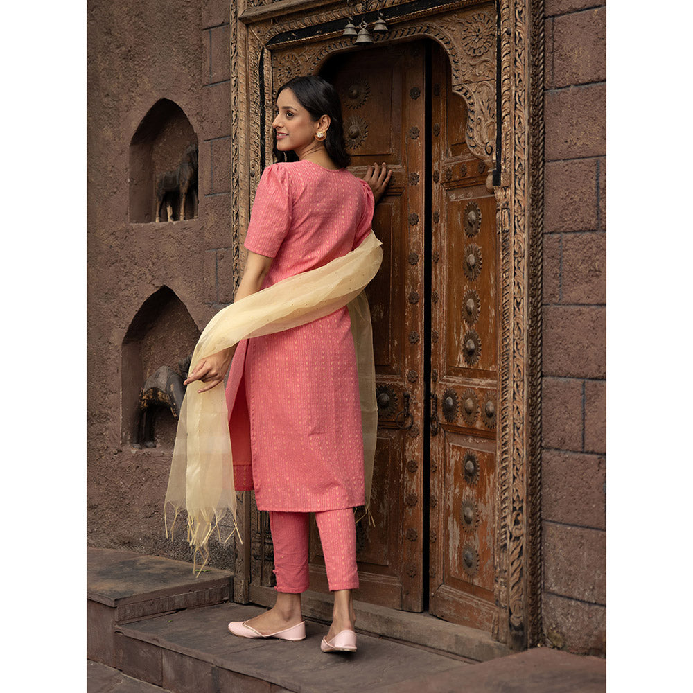 Vinya Anika Pink Cotton Kurta with Pants & Organza Dupatta (Set of 3)