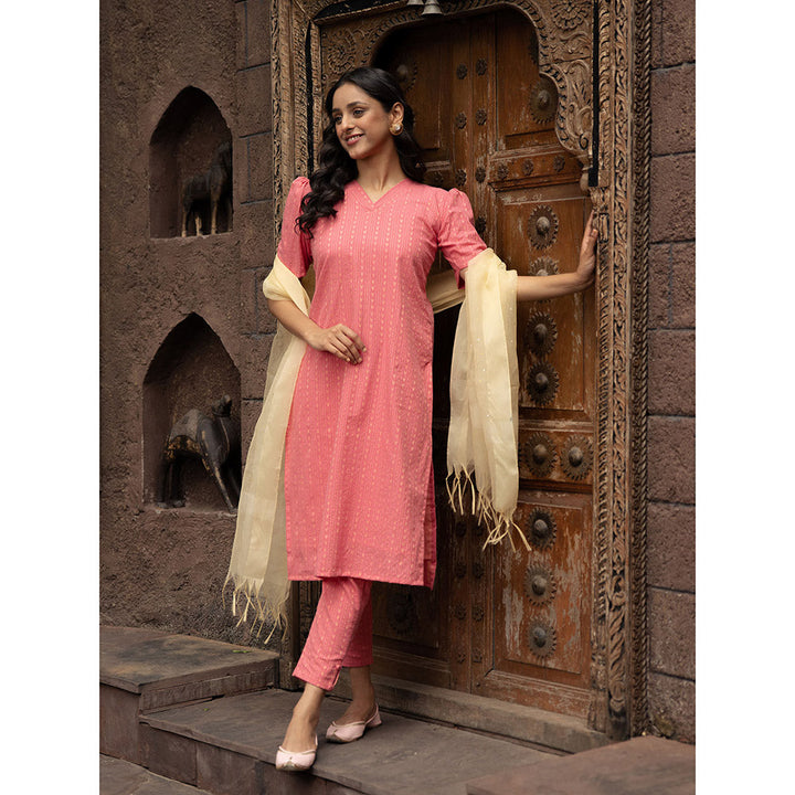 Vinya Anika Pink Cotton Kurta with Pants & Organza Dupatta (Set of 3)