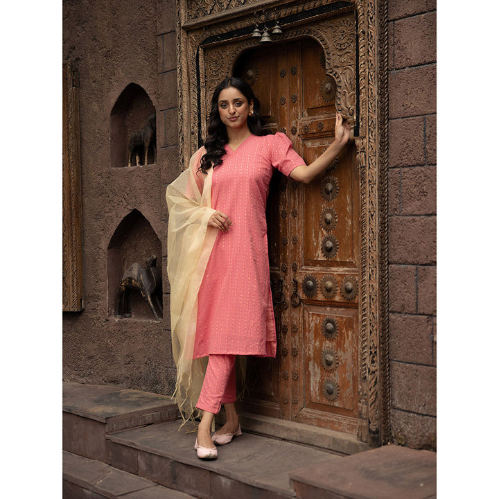 Vinya Anika Pink Cotton Kurta with Pants & Organza Dupatta (Set of 3)