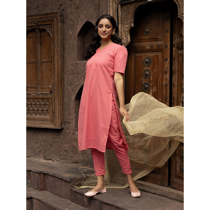 Vinya Anika Pink Cotton Kurta with Pants & Organza Dupatta (Set of 3)