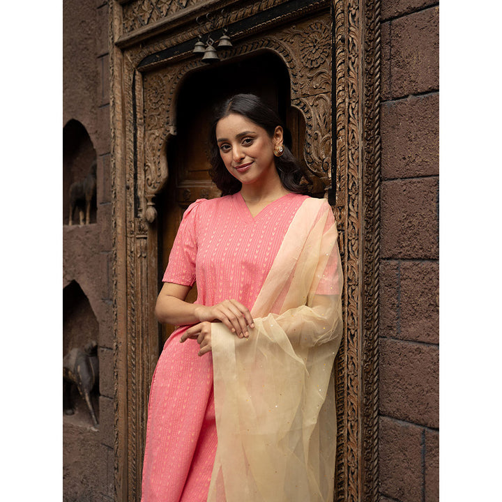 Vinya Anika Pink Cotton Kurta with Pants & Organza Dupatta (Set of 3)