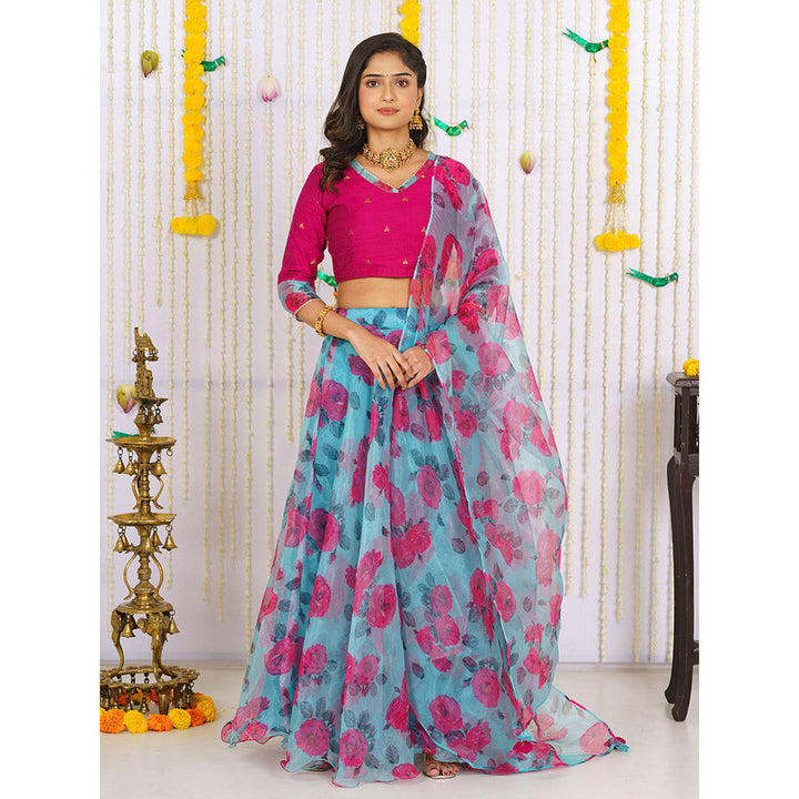 Vinya Blue Organza Lehenga With Blouse & Dupatta (Set of 3)