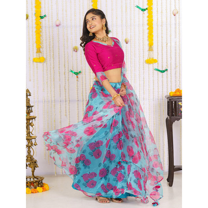 Vinya Blue Organza Lehenga With Blouse & Dupatta (Set of 3)