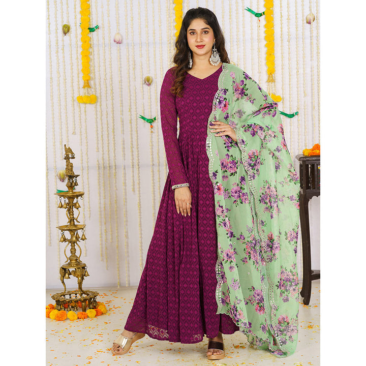 Vinya Poppy Wine Woven Mirror Work Anarkali Kurta With Dupatta (Set of 2)