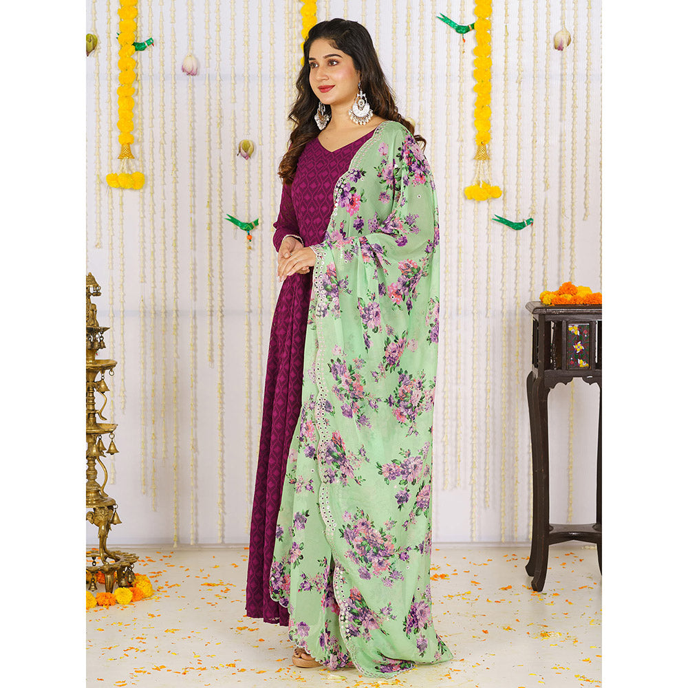 Vinya Poppy Wine Woven Mirror Work Anarkali Kurta With Dupatta (Set of 2)