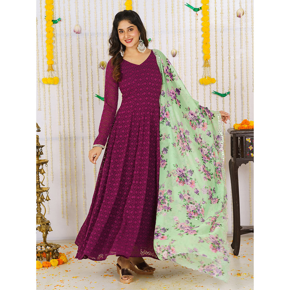 Vinya Poppy Wine Woven Mirror Work Anarkali Kurta With Dupatta (Set of 2)