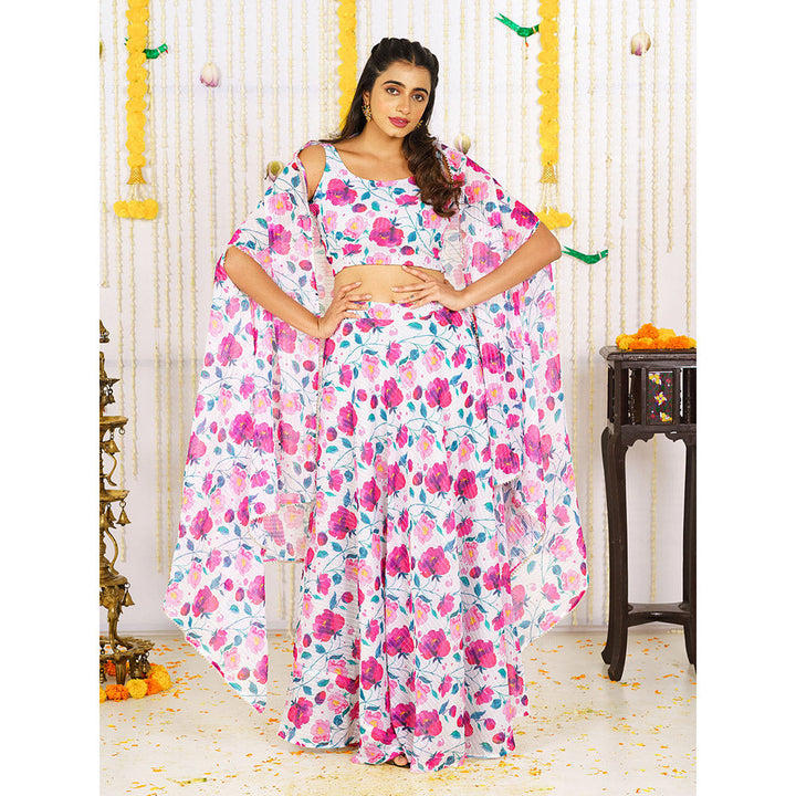 Vinya White Georgette Crop Top & Skirt With Cape (Set of 3)