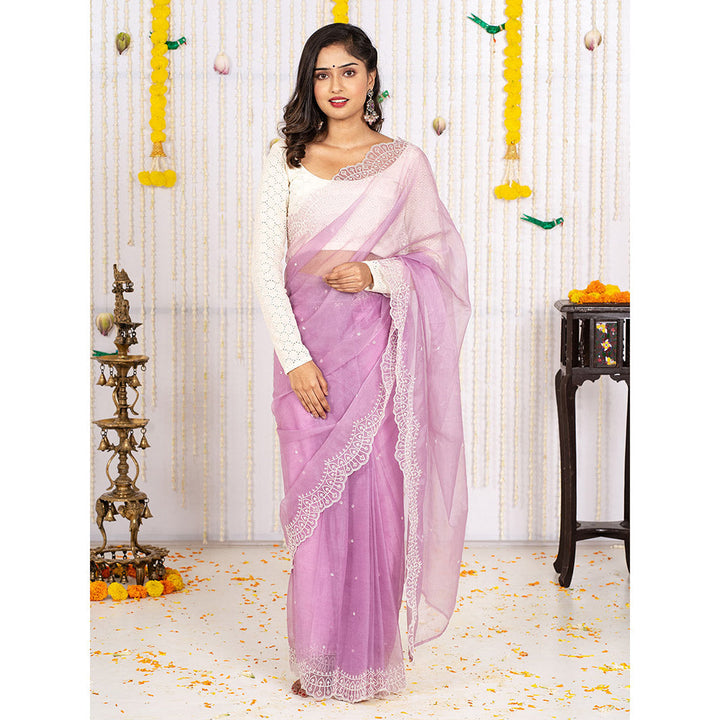 Vinya Lavender Embroidered Thread Work Ready To Wear Saree With Stitched Blouse