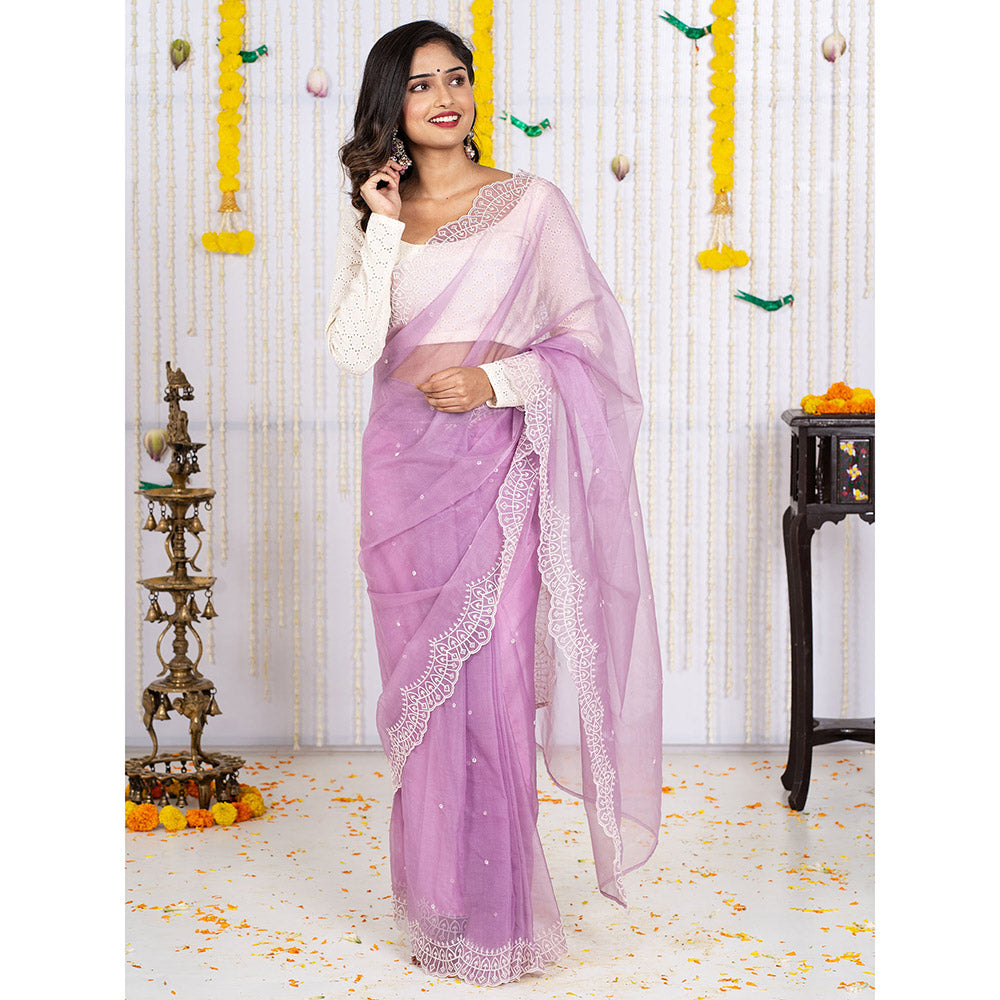 Vinya Lavender Embroidered Thread Work Ready To Wear Saree With Stitched Blouse