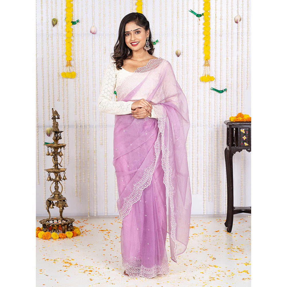 Vinya Lavender Embroidered Thread Work Ready To Wear Saree With Stitched Blouse