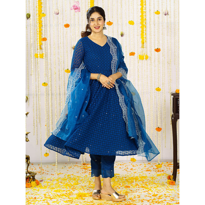 Vinya Peacock Blue Georgette Embellished Anarkali Kurta With Pants & Dupatta (Set of 3)