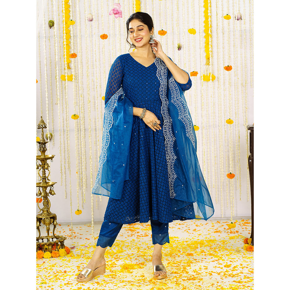 Vinya Peacock Blue Georgette Embellished Anarkali Kurta With Pants & Dupatta (Set of 3)