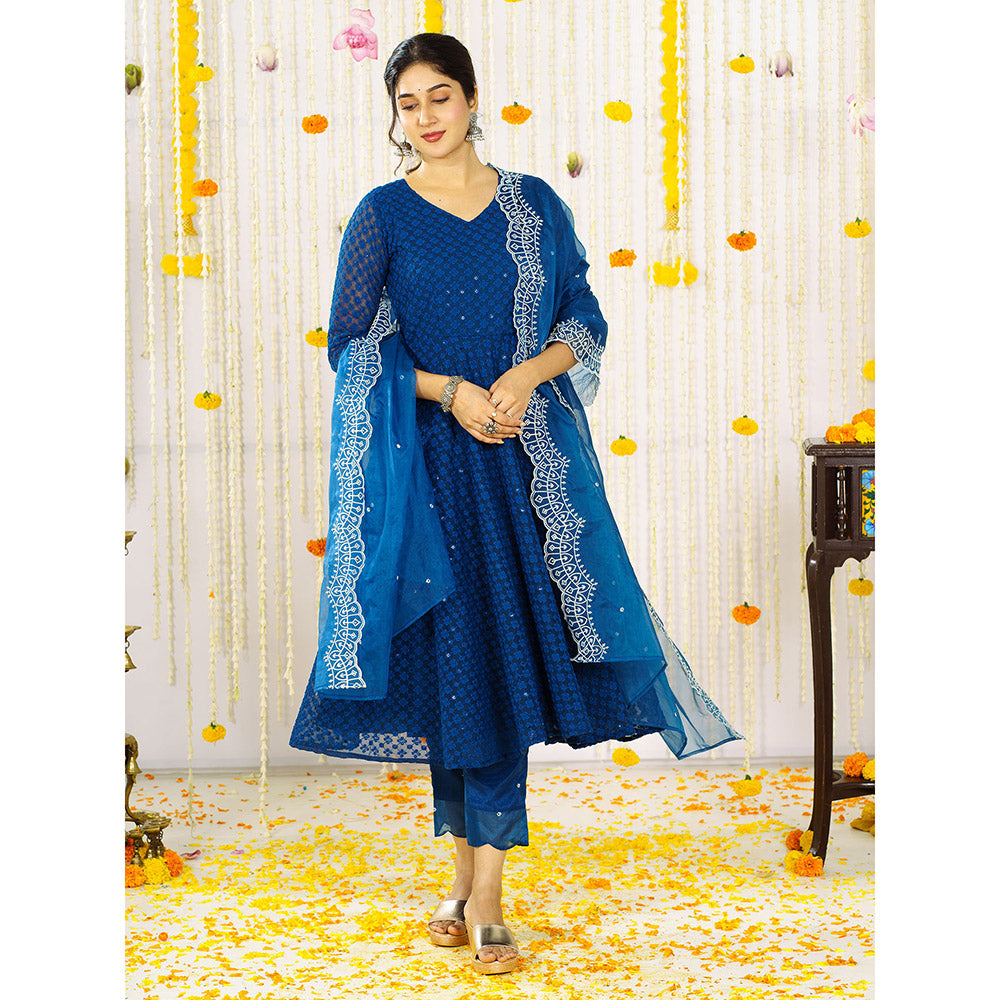 Vinya Peacock Blue Georgette Embellished Anarkali Kurta With Pants & Dupatta (Set of 3)