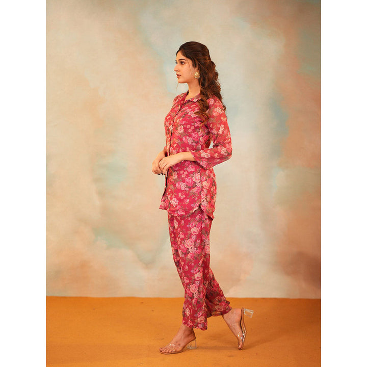 Vinya Pink Chiffon Floral Print Co-Ord (Set of 2)