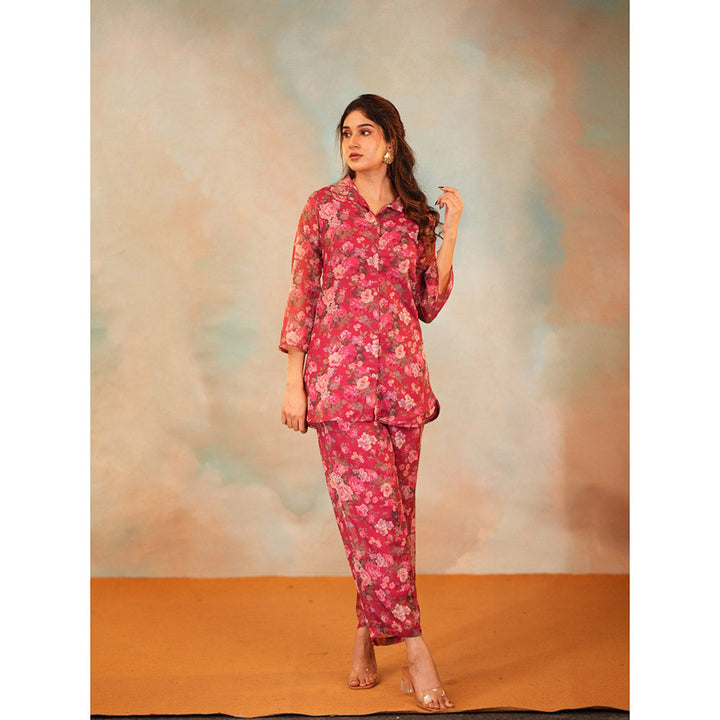 Vinya Pink Chiffon Floral Print Co-Ord (Set of 2)