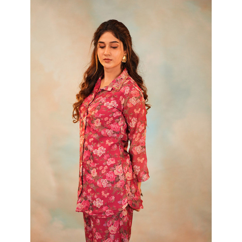 Vinya Pink Chiffon Floral Print Co-Ord (Set of 2)