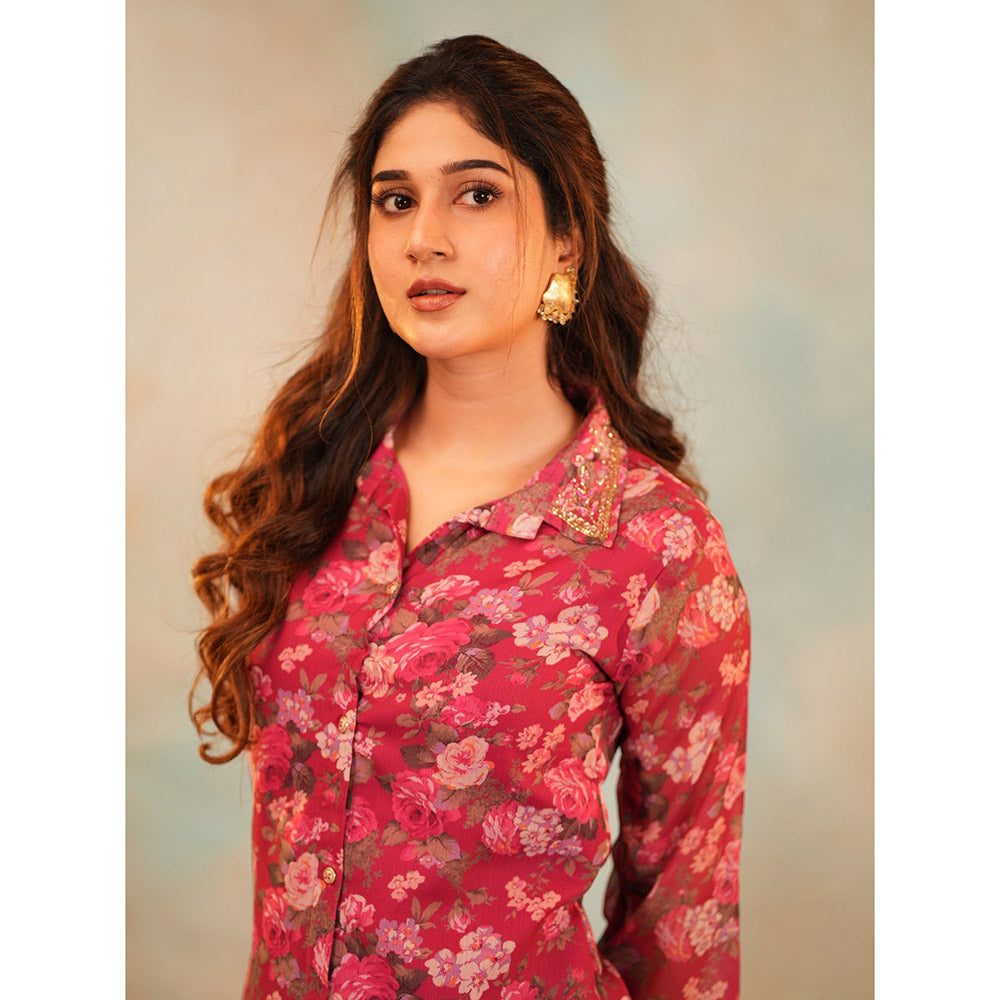 Vinya Pink Chiffon Floral Print Co-Ord (Set of 2)