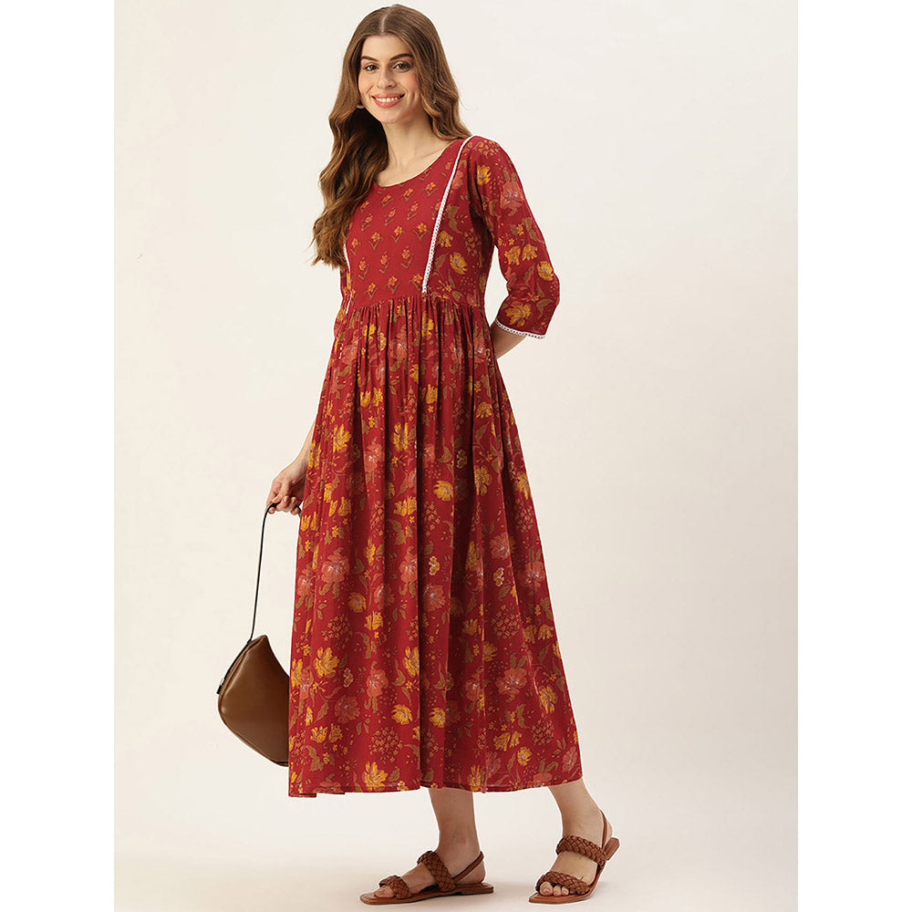 Vinya Red & Yellow Floral Print Maternity Dress