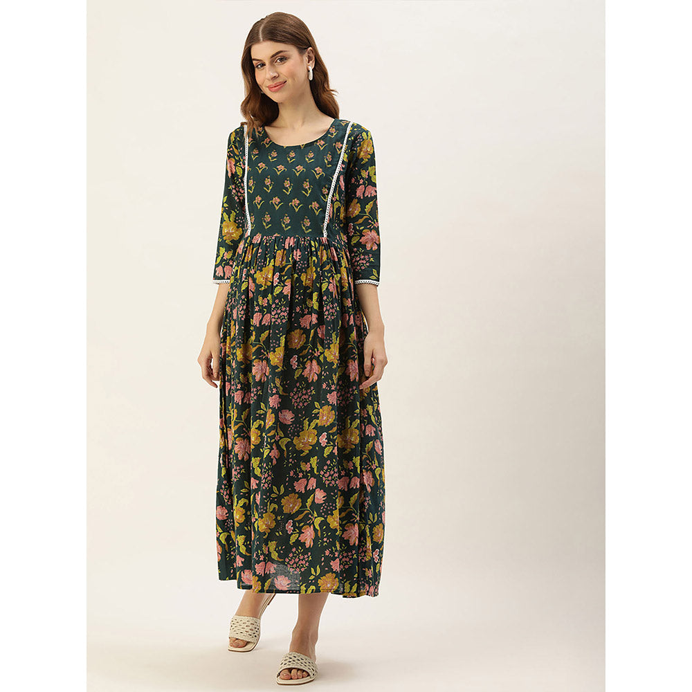 Vinya Green & Yellow Floral Print Yoke Maternity Dress