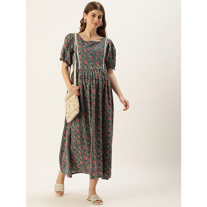 Vinya Teal Kantha Print Cotton Maternity Dress