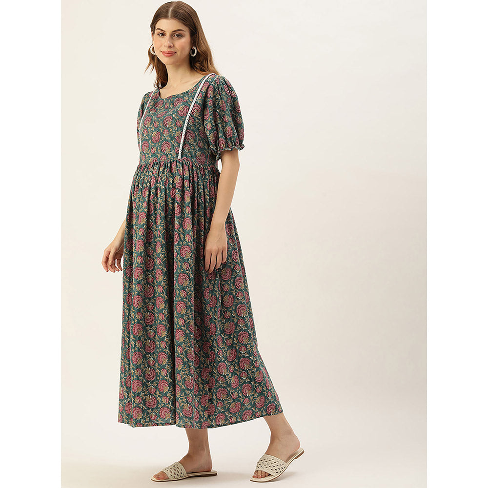 Vinya Teal Kantha Print Cotton Maternity Dress