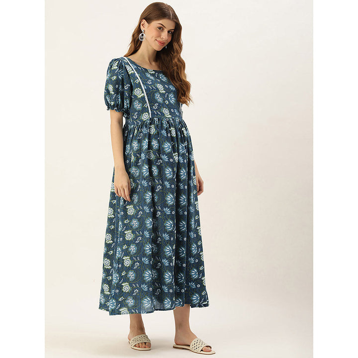 Vinya Blue Kantha Print Cotton Maternity Dress