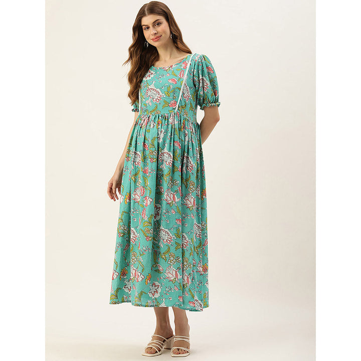 Vinya Turquoise Kantha Print Cotton Maternity Dress