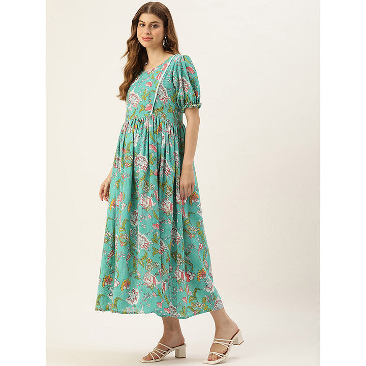 Vinya Turquoise Kantha Print Cotton Maternity Dress