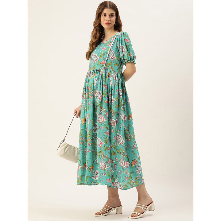 Vinya Turquoise Kantha Print Cotton Maternity Dress