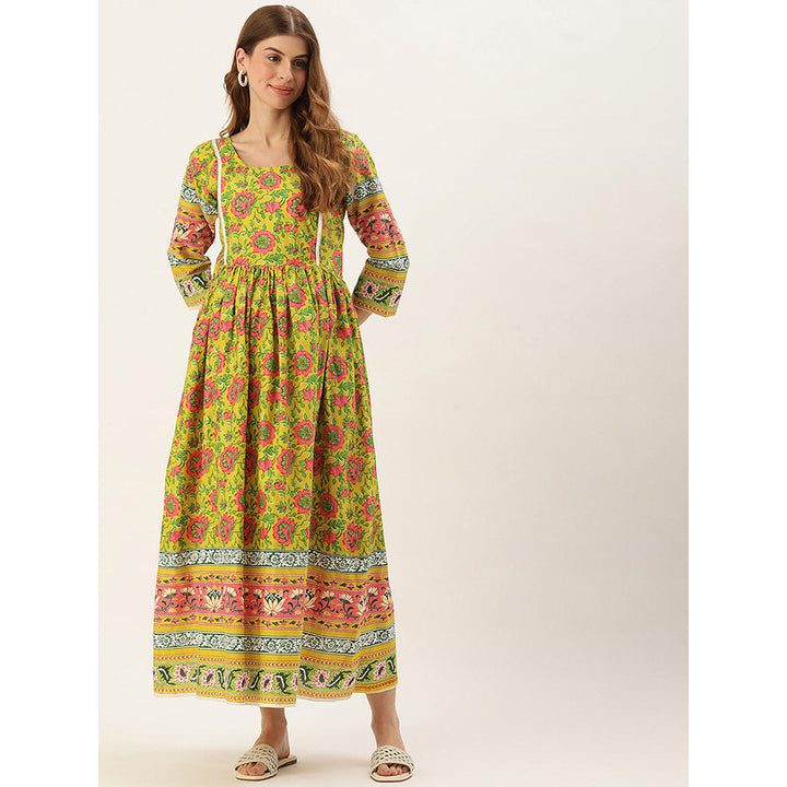 Vinya Green Floral Print Cotton Maternity Dress with Border