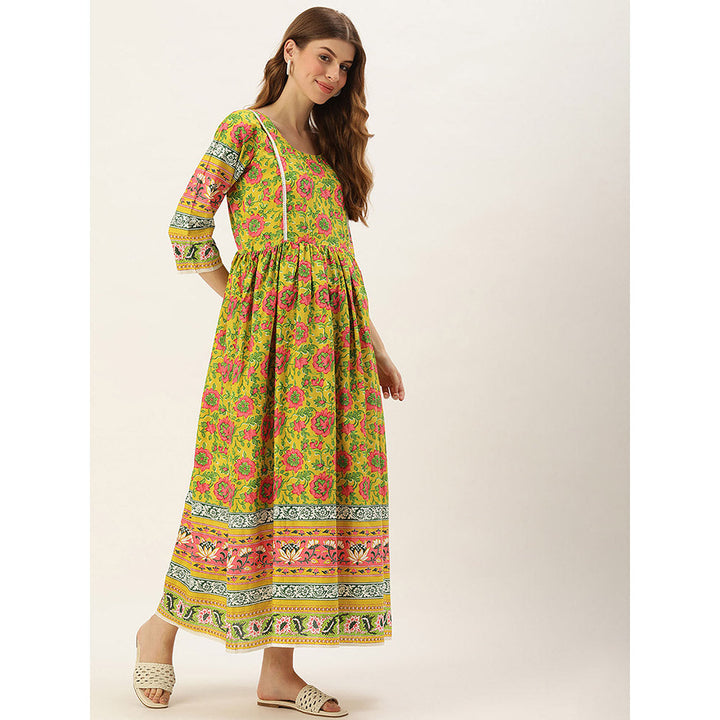 Vinya Green Floral Print Cotton Maternity Dress with Border