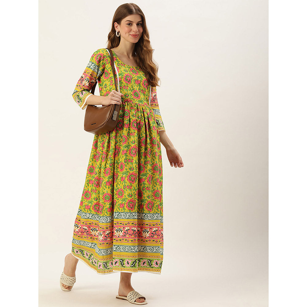 Vinya Green Floral Print Cotton Maternity Dress with Border