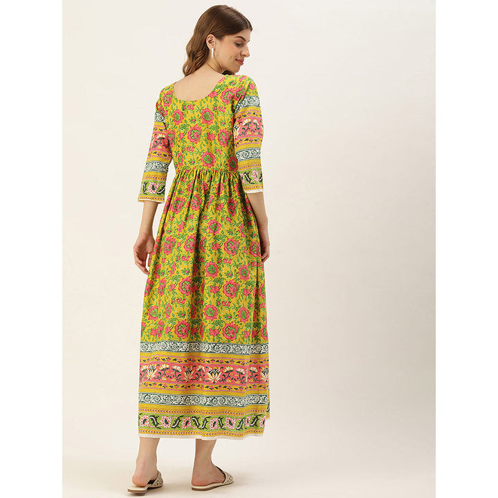 Vinya Green Floral Print Cotton Maternity Dress with Border