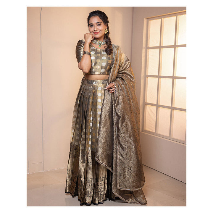 Vinya Black And Gold Border Organza Lehenga With Blouse & Dupatta (Set of 3)