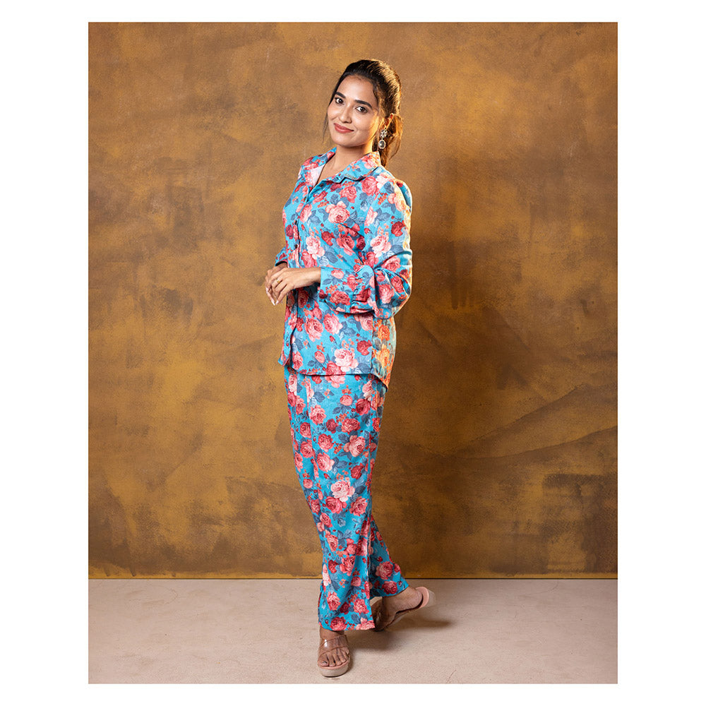 Vinya Blue Floral Print Co-Ord (Set of 2)