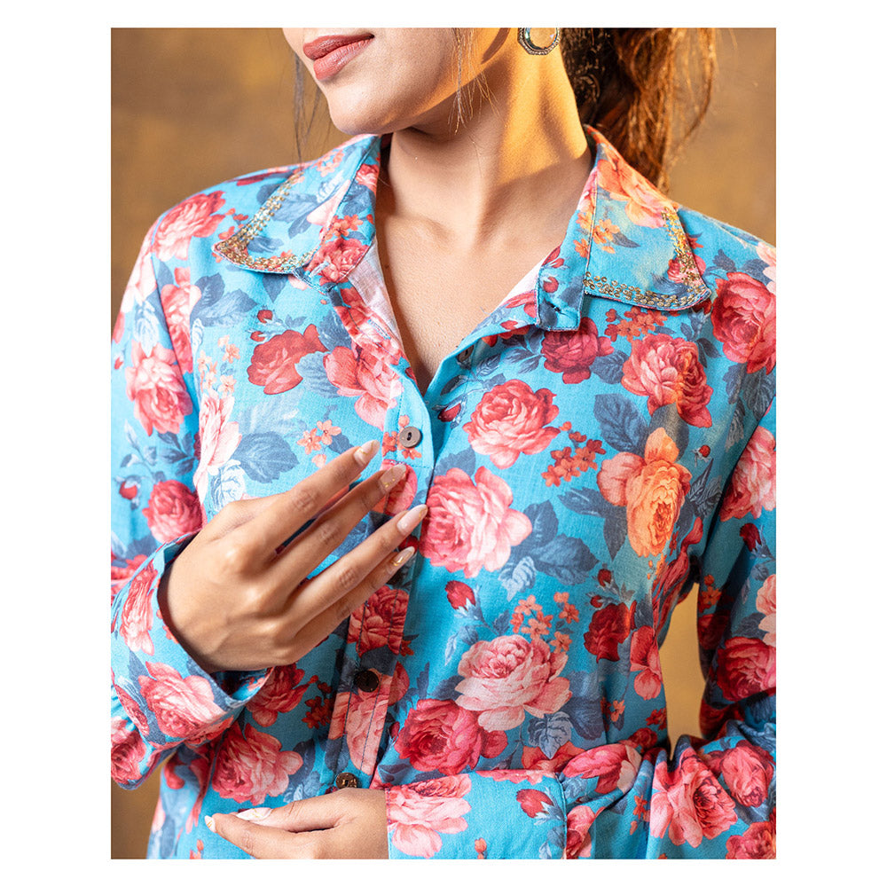 Vinya Blue Floral Print Co-Ord (Set of 2)